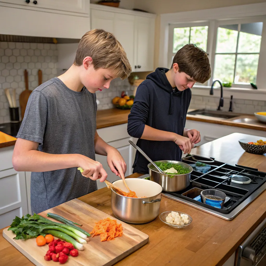 Kitchen with teens cooking