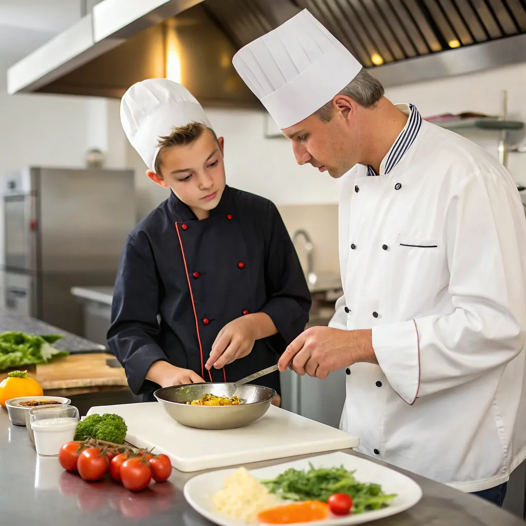 Teen learning to cook with a chef