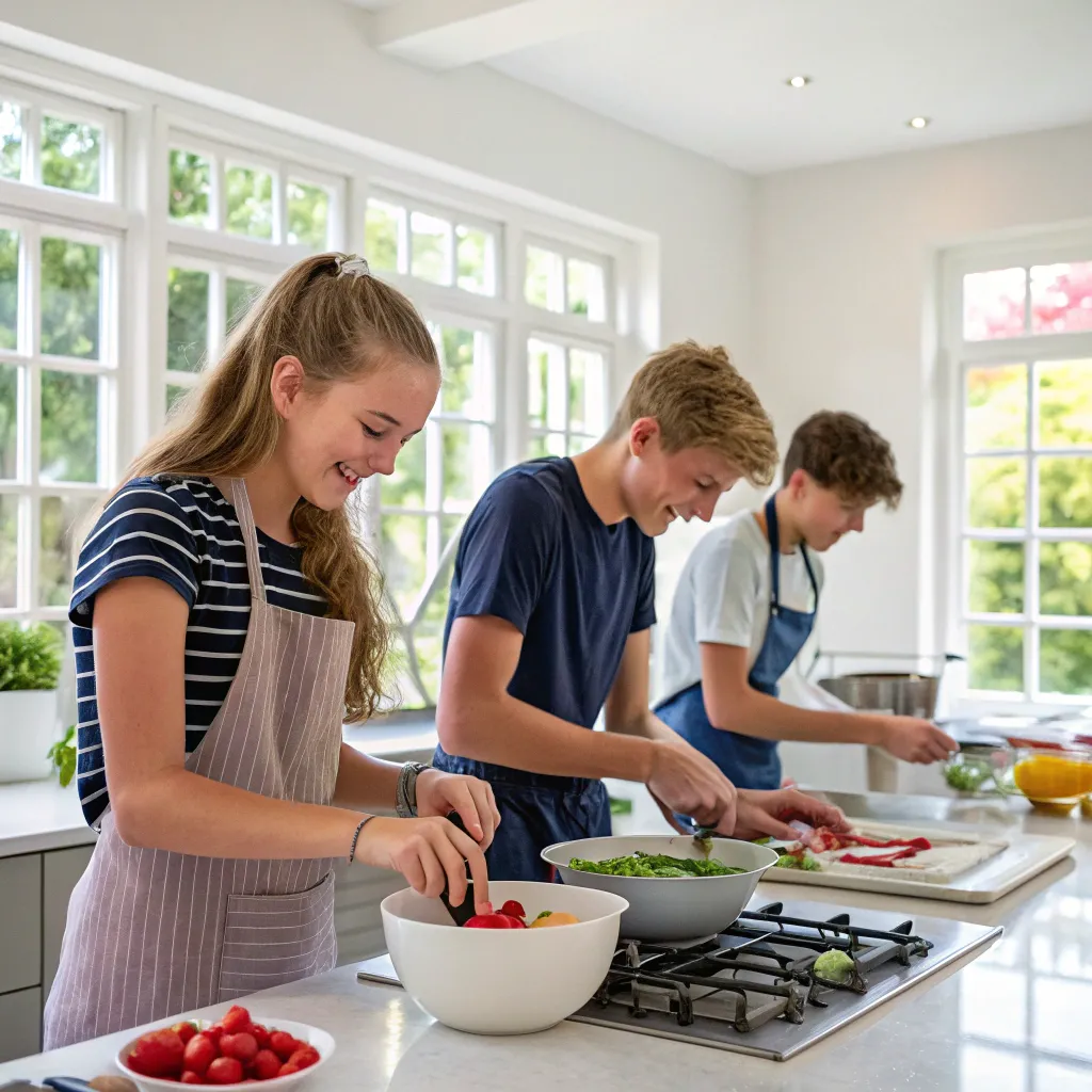 Teens cooking in a bright kitchen